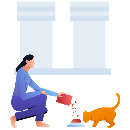 Woman Feeding Cat  Illustration