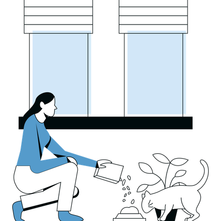 Woman Feeding Cat  Illustration