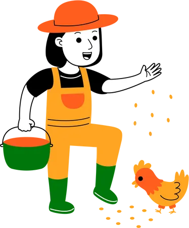 Woman feeding chicken  Illustration