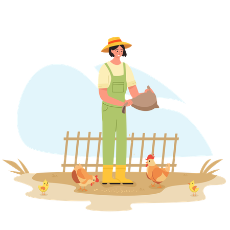 Woman Feeding Chickens  Illustration