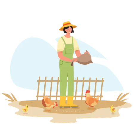 Woman Feeding Chickens  Illustration