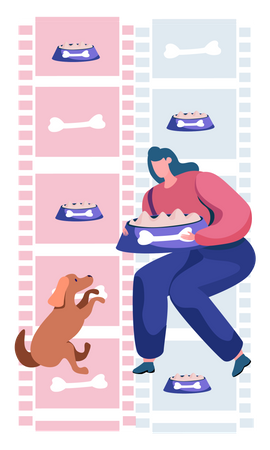 Woman feeding dog food to pet dog Illustration