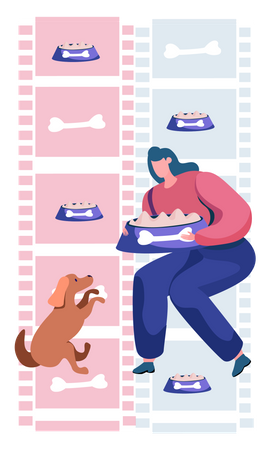 Woman feeding dog food to pet dog  Illustration