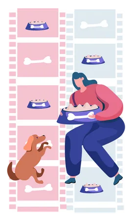 Woman feeding dog food to pet dog  Illustration