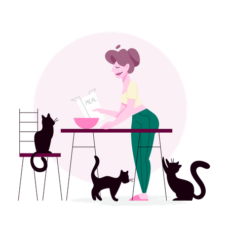 Woman feeding food for cats Illustration