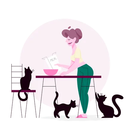Woman feeding food for cats  Illustration