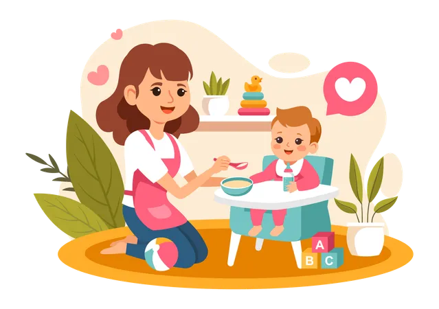 Woman feeding food to her son  Illustration