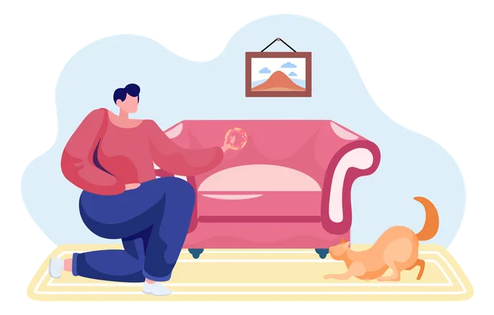 Girl With Ginger Cat Is Resting At Home Woman Feeding Her Kitten With Donut Training Animal In Apartment Female Character Playing With Small Kitten Fun Time With A Pet Spending Time With Animals Illustration