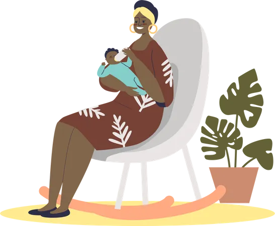 Woman feeding newborn baby with milk from bottle Illustration