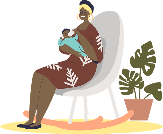 Woman feeding newborn baby with milk from bottle  Illustration