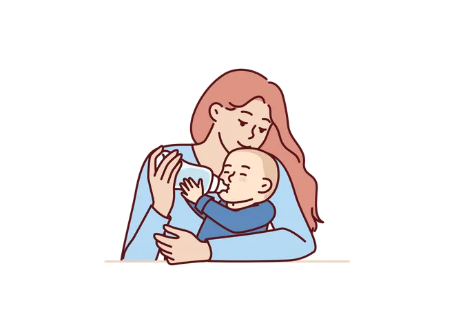 Woman Kisses Baby While Feeding Artificial Milk From Bottle To Advertise Nutrition For Newborns Caring Mother Takes Care Of Newborn Baby And Gives Little Son Bottle With Pacifier Illustration