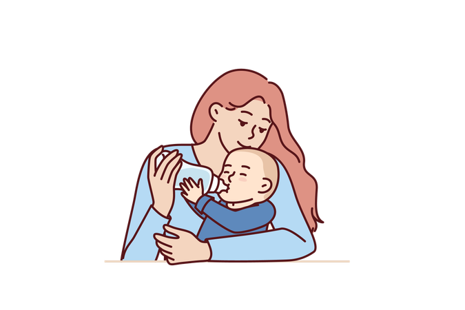 Woman feeds new born baby  イラスト