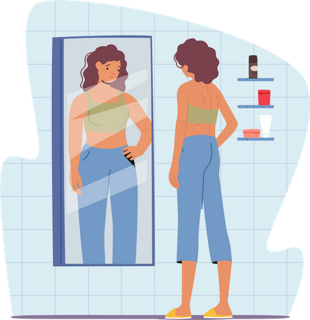 Woman Feel Guilty and Hate Appearance in Mirror Look herself Fat  イラスト