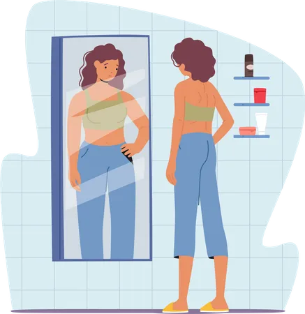 Woman Feel Guilty And Hate Appearance In Mirror Look Herself Fat Anorexia Or Bulimia Concept Female Characters With Mental Disorder Refuse Eating Loss Weight Cartoon People Vector Illustration Illustration