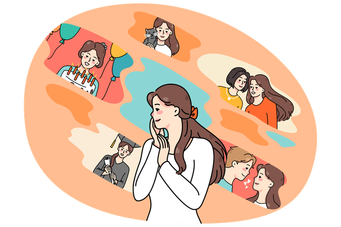 Woman feel nostalgic remembering life scenes  Illustration