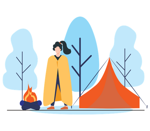Woman feeling cold during camping Illustration