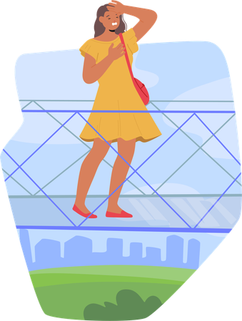 Woman Feeling Fear While Walking On  Glass Bridge Overlooking Cityscape  Illustration