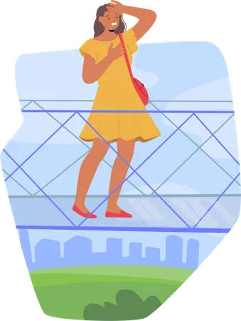 Woman Feeling Fear While Walking On  Glass Bridge Overlooking Cityscape  Illustration