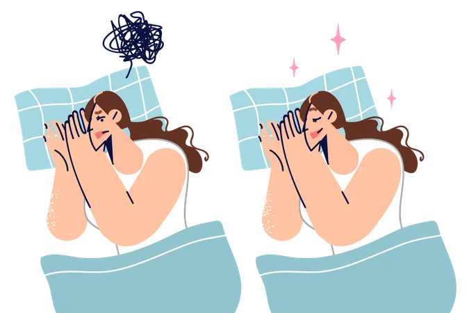 Woman Feeling Insomnia Lying On Bed Falls Asleep After Taking Sleeping Pill Recommended By Doctor Girl Solved Problem Insomnia After Appointment With Psychotherapist Who Helped Get Rid Chaos In Head Illustration