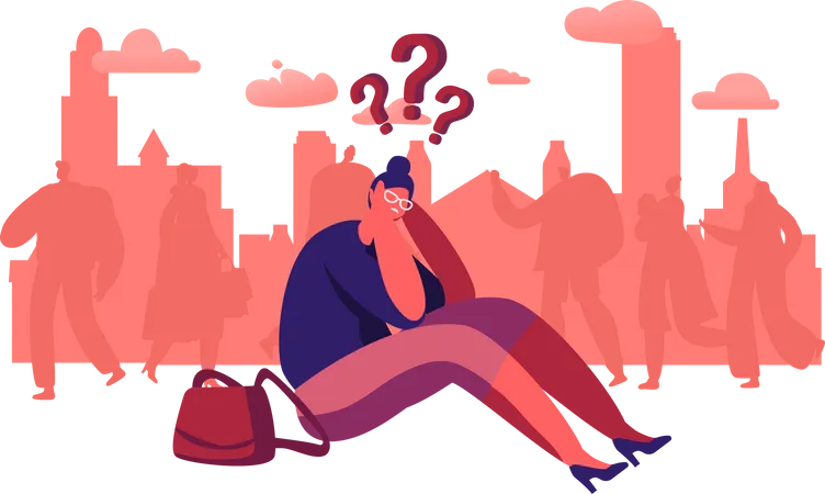 Female Character Lost In Crowd Concept Frustrated Woman Sitting On Ground Surrounded With People In Big City Social Problem Behavior In Stress Situation Frustration Cartoon Vector Illustration Illustration