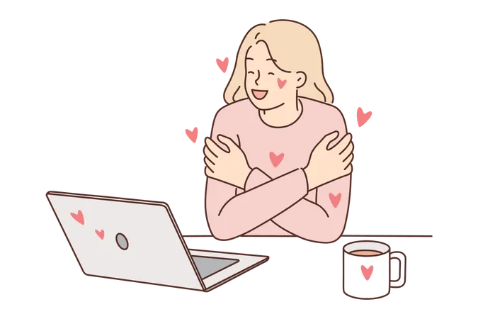Woman feeling loved while online dating  Illustration