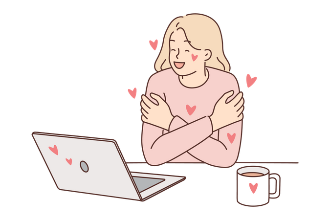 Woman feeling loved while online dating  Illustration