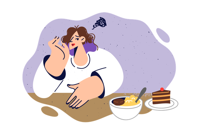 Woman feels absence of appetite sitting at table with food  Illustration
