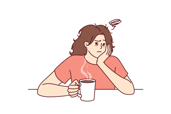 Tired Woman With Sad Face Drinks Hot Coffee And Does Not Want To Go To Work Due To Lack Of Sleep Upset Girl Is Sitting At Table With Mug Of Coffee On Monday Morning And Is Sad Because Weekend Is Over Illustration