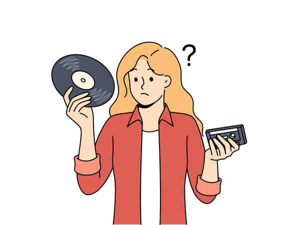 Woman feels confused and doesn't know how to listen to music stored on vintage storage devices  Illustration