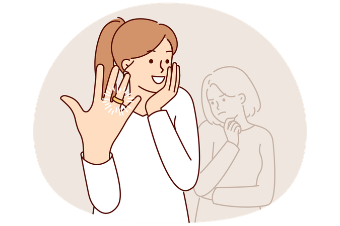 Woman feels delight showing wedding ring on finger after marriage proposal from boyfriend  Illustration