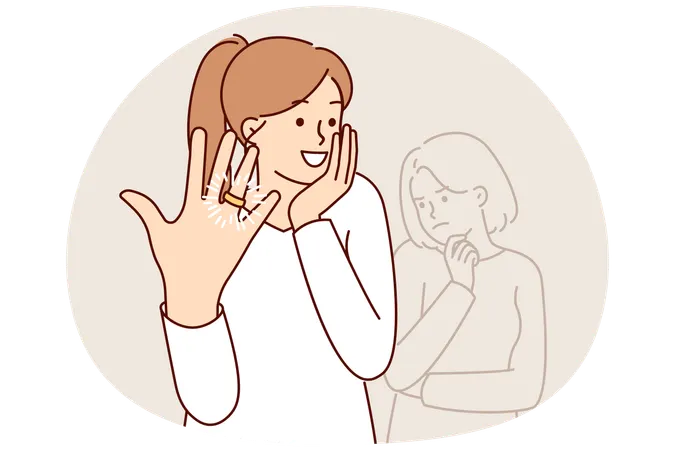 Woman feels delight showing wedding ring on finger after marriage proposal from boyfriend  Illustration