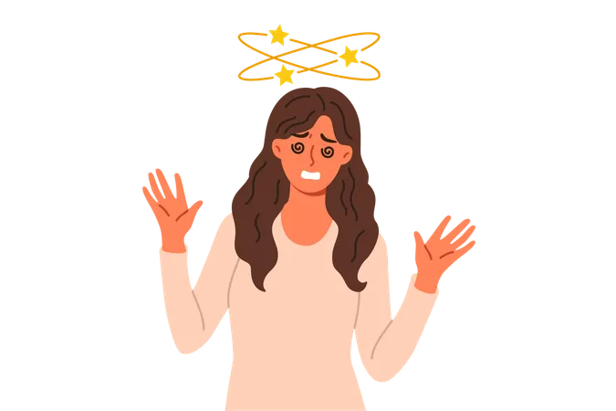 Woman Feels Dizzy Caused By Hangover Or Intracranial Pressure Stands With Stars Above Head Problem Of Dizzy Or Dizziness In Girl Experiencing Problems With Well Being And Health Illustration