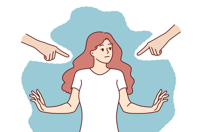 Woman feels embarrassed due to intrusion of pointing hands into personal boundaries  Illustration