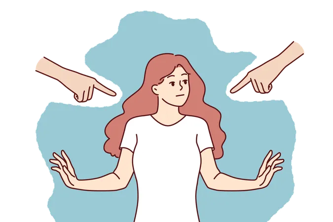 Woman feels embarrassed due to intrusion of pointing hands into personal boundaries  Illustration