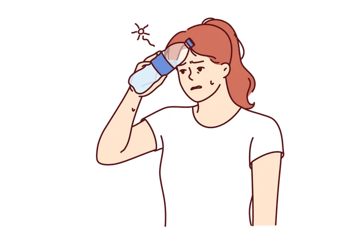 Woman Who Gets Heatstroke On Walk Puts Bottle Of Water To Forehead And Needs To Rest Or See Doctor Girl Suffering From Heatstroke Due To Sudden Change In Weather Or Working Outdoors Illustration