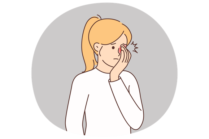 女性は赤くなった瞳孔を手で覆うと目の痛みを感じ、眼科医の助けを必要とする  イラスト