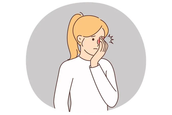 女性は赤くなった瞳孔を手で覆うと目の痛みを感じ、眼科医の助けを必要とする  イラスト