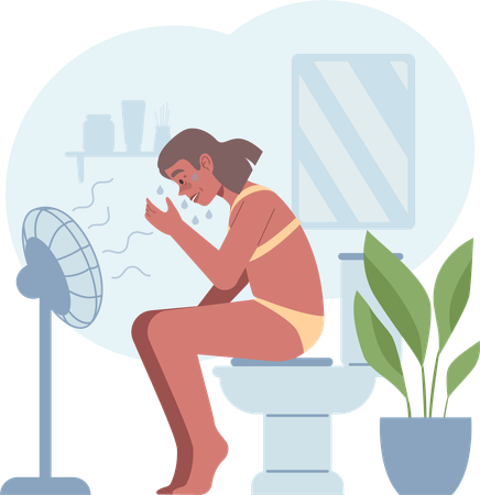 Woman feels sweating in bathroom  Illustration