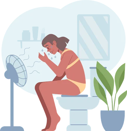 Woman feels sweating in bathroom  Illustration