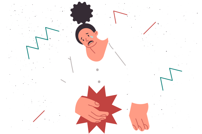 Woman feels symptoms appendicitis and needs urgent medical examination, crying clutching stomach  Illustration