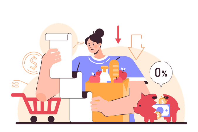 Woman feels upset with shopping expenses  Illustration