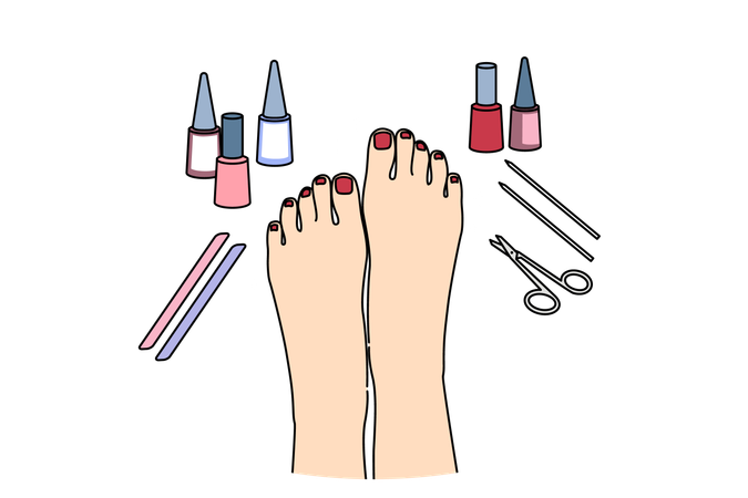 Woman feet after pedicure procedure, with nail polish and scissors near well-groomed painted nails  일러스트레이션