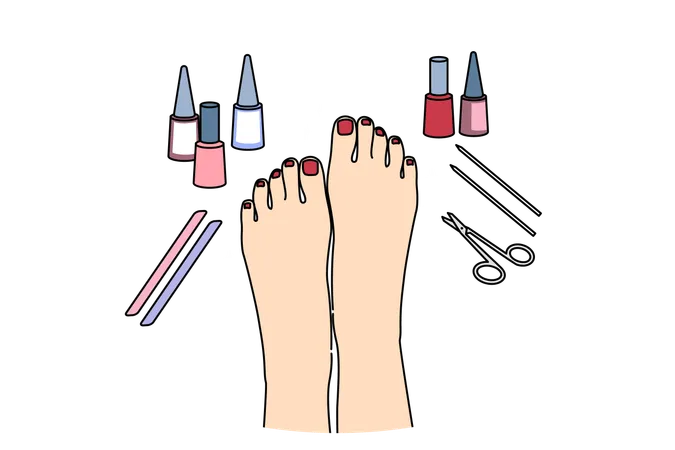 Woman Feet After Pedicure Procedure With Nail Polish And Scissors Or Files Near Well Groomed Painted Nails Pedicure Services For Ladies Making Toes More Attractive For Wearing Open Shoes 일러스트레이션