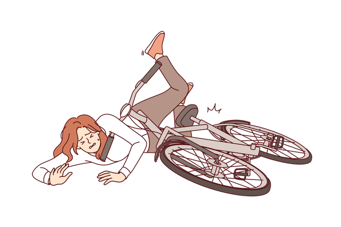 Woman fell off bike while riding in park or learning to ride bike and needs help of doctor  Illustration