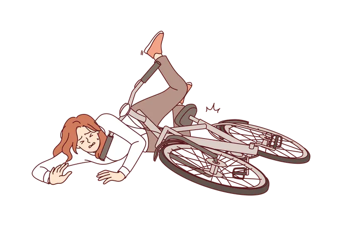 Woman fell off bike while riding in park or learning to ride bike and needs help of doctor  Illustration