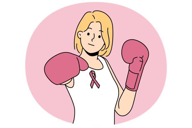 Woman fights cancerous tumor using boxing gloves and resisting development breast cancer  Illustration