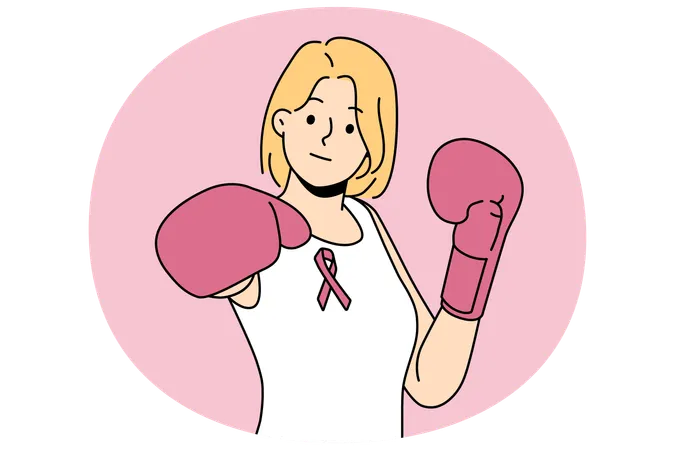 Woman fights cancerous tumor using boxing gloves and resisting development breast cancer  Illustration