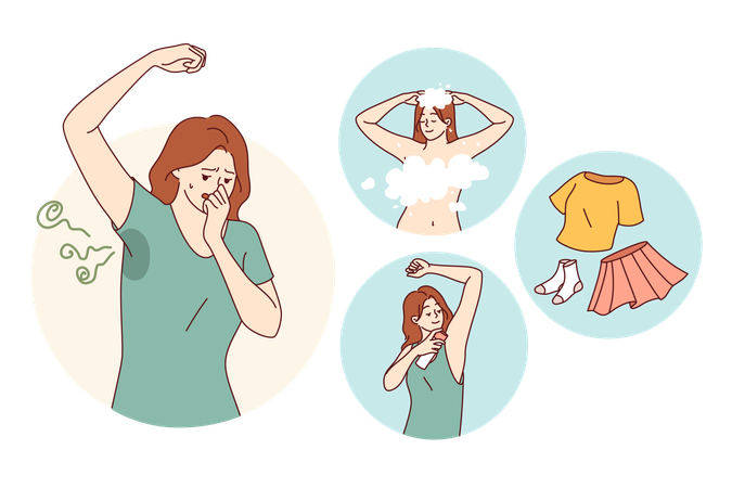 Woman fights smell of sweat by using deodorant and putting on clean clothes after taking shower  Illustration