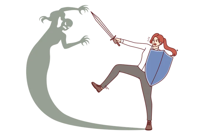 Woman Fights With Own Shadow Holding Shield And Sword For Concept Overcomes Internal Fears And Barriers Brave Girl Overcomes Fear And Gets Rid Of Phobia That Interferes With Personal Growth Illustration