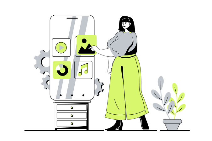 Woman filling mobile site with video  Illustration